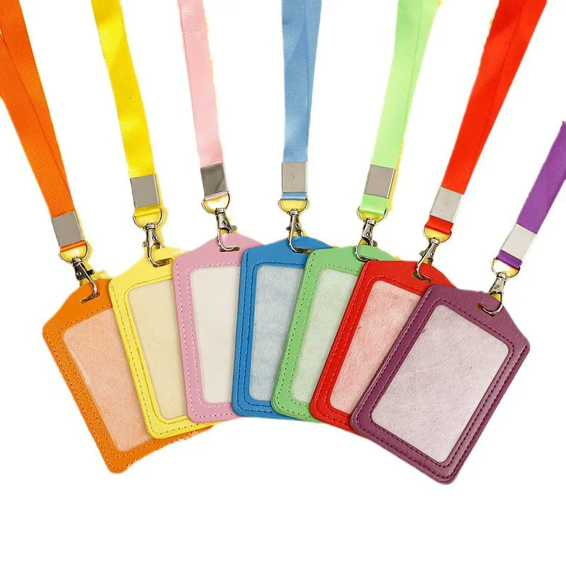 PU Leather ID Badge Holder with Lanyard, Bus Card Holder Staff Work Card Holder for Office School