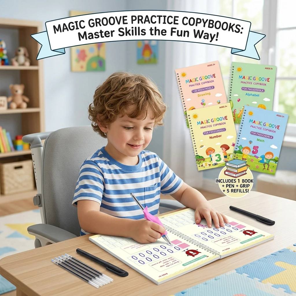 Magic Ink Copybook for Kids Reusable Grooves Calligraphy Writing Grooved Handwriting Book for Children Beginners Boys Girls Gift