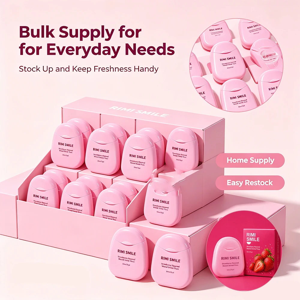 5pcs Sweet Strawberry‑Flavored Waxed Dental Floss 50M, RIMI SMILE Compact Travel‑Size Dental Floss, Soft on Gums for Daily