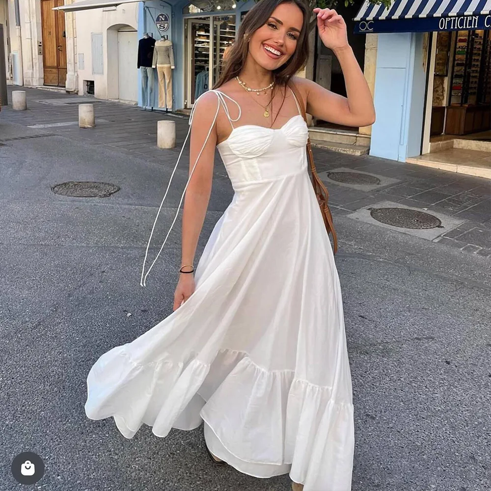 

Elegant White Layered Spaghetti Maxi Dress Women Off the Shoulder Loose Hem Sleeveless Beach Holiday Summer Suspender Long Dress