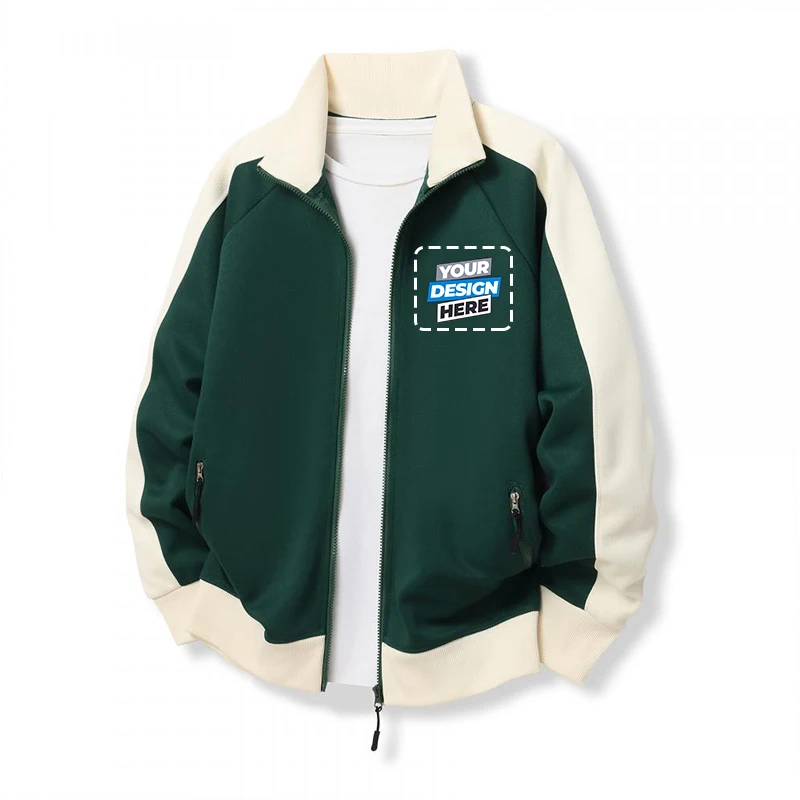 Giacca con cerniera a maniche lunghe, felpa calda color block, giacca da baseball casual, abbigliamento da esterno, logo personalizzabile