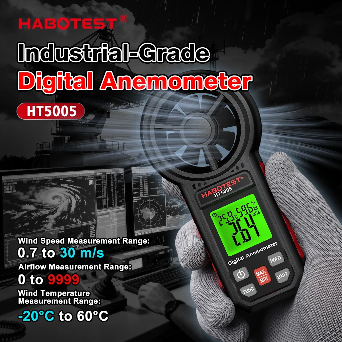 Habotest Digital Anemometer Wind Speed Temperature Humidity Meter Multi Function Tester for Industrial HVAC HT5005