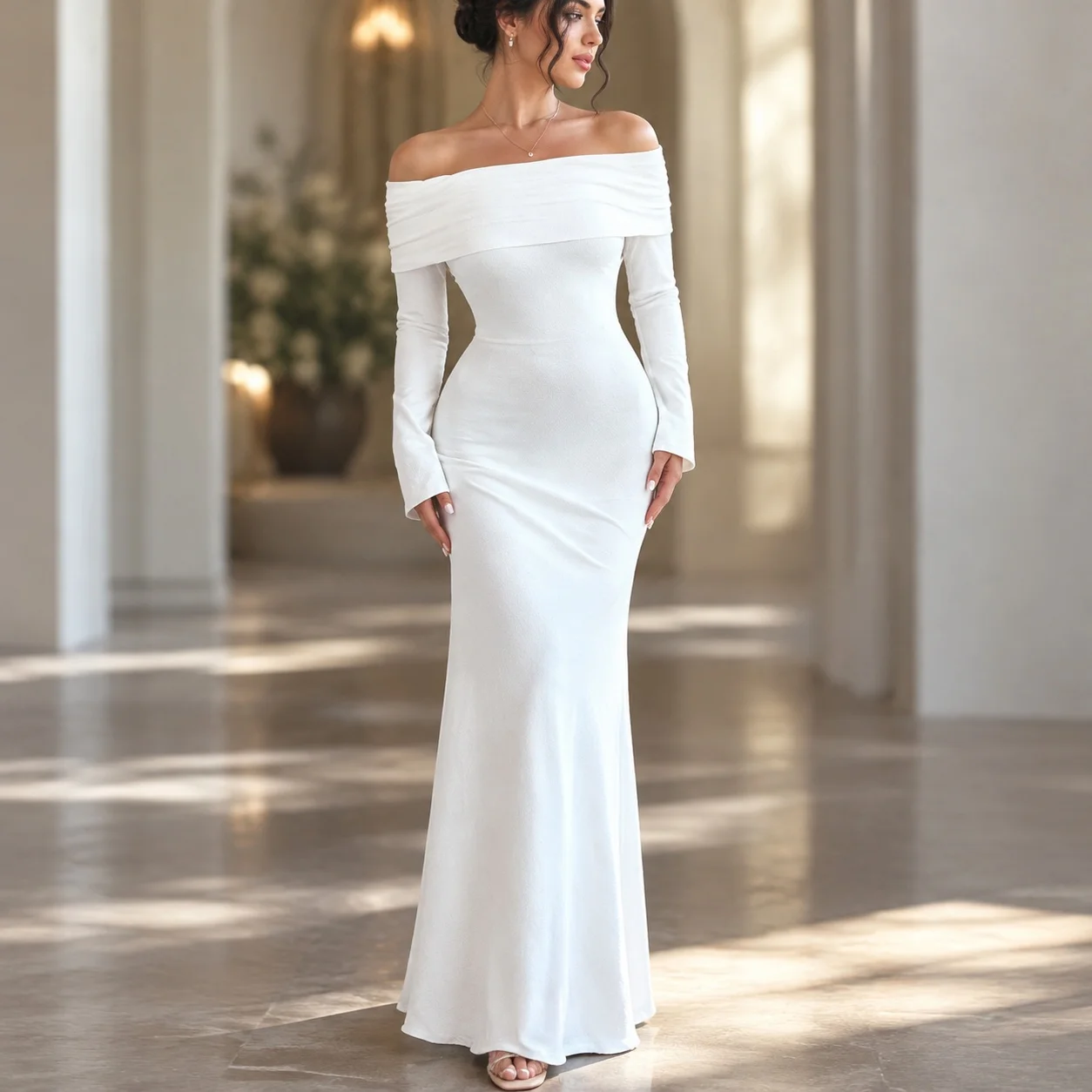Bodycon Off Shoulder Dress Elegant with Socialite Style Patchwork Off the Shoulder Neckline Long Sleeves Mid Waist for Women