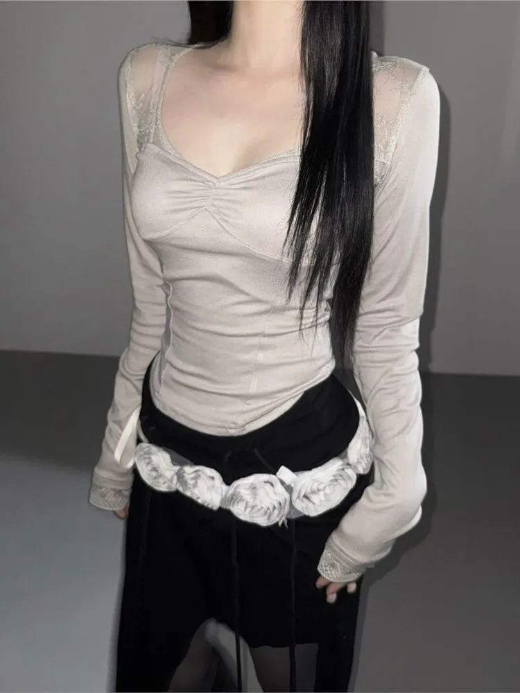 

Women's Clothing Slim Sexy Long Sleeve T-shirt Lace Solid Color All-match Top Simple Style See Through Lace Vacation Temperament