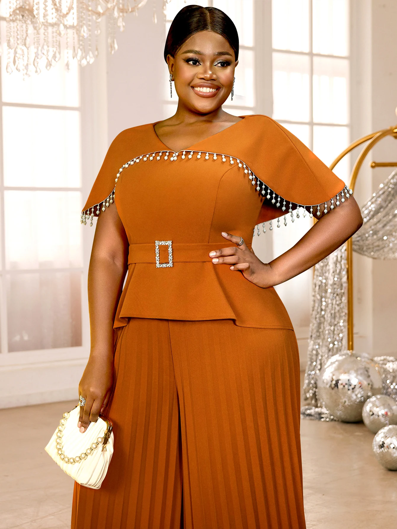 Brown Plus Size Jumpsuits V Neck Cape Sleeve High Waist Package Hip Pleated Women Evening Birthday Event Long Rompers Overalls