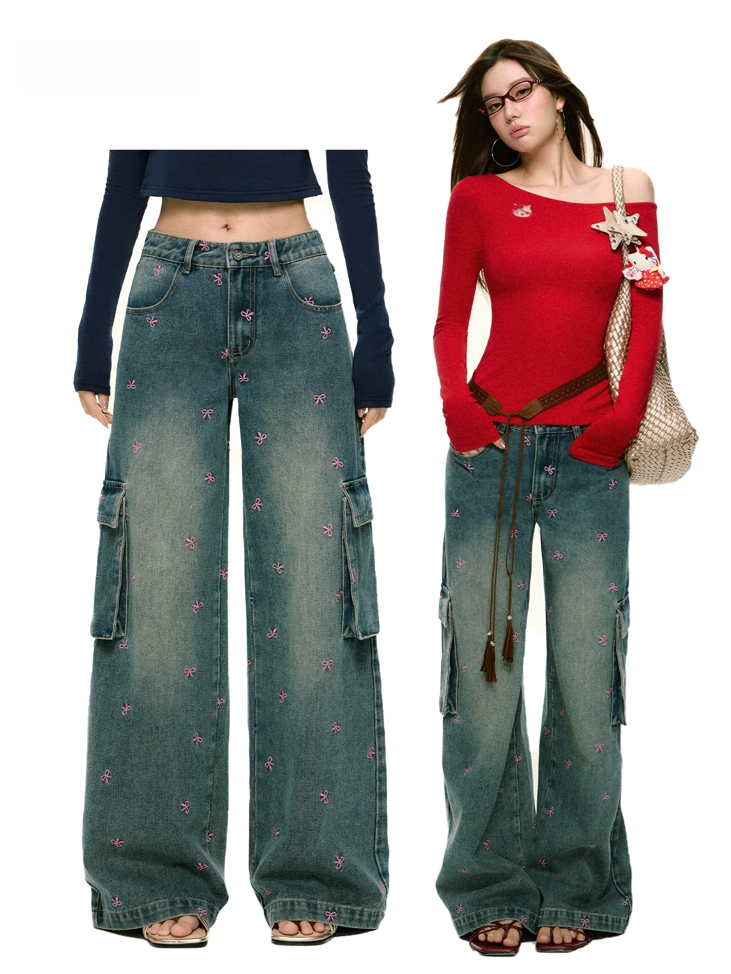 

Женские джинсы с низкой талией, широкими штанинами, вышивкой, в стиле ретро, свободного кроя, из хлопка со стрейчем, повседневные, на все сезоны