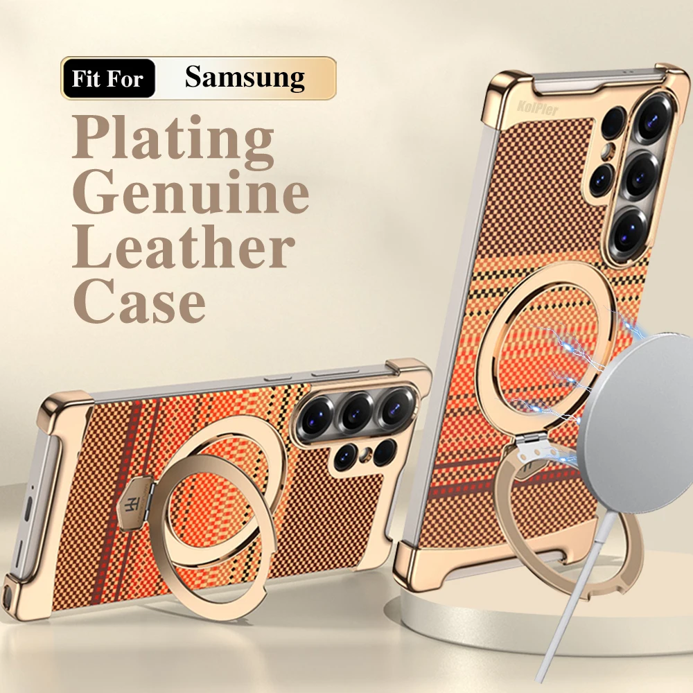 

Роскошный чехол для телефона Samsung Galaxy S25 S24 Ultra без границ, кожаный чехол с текстурой из углеродного волокна и магнитным кронштейном