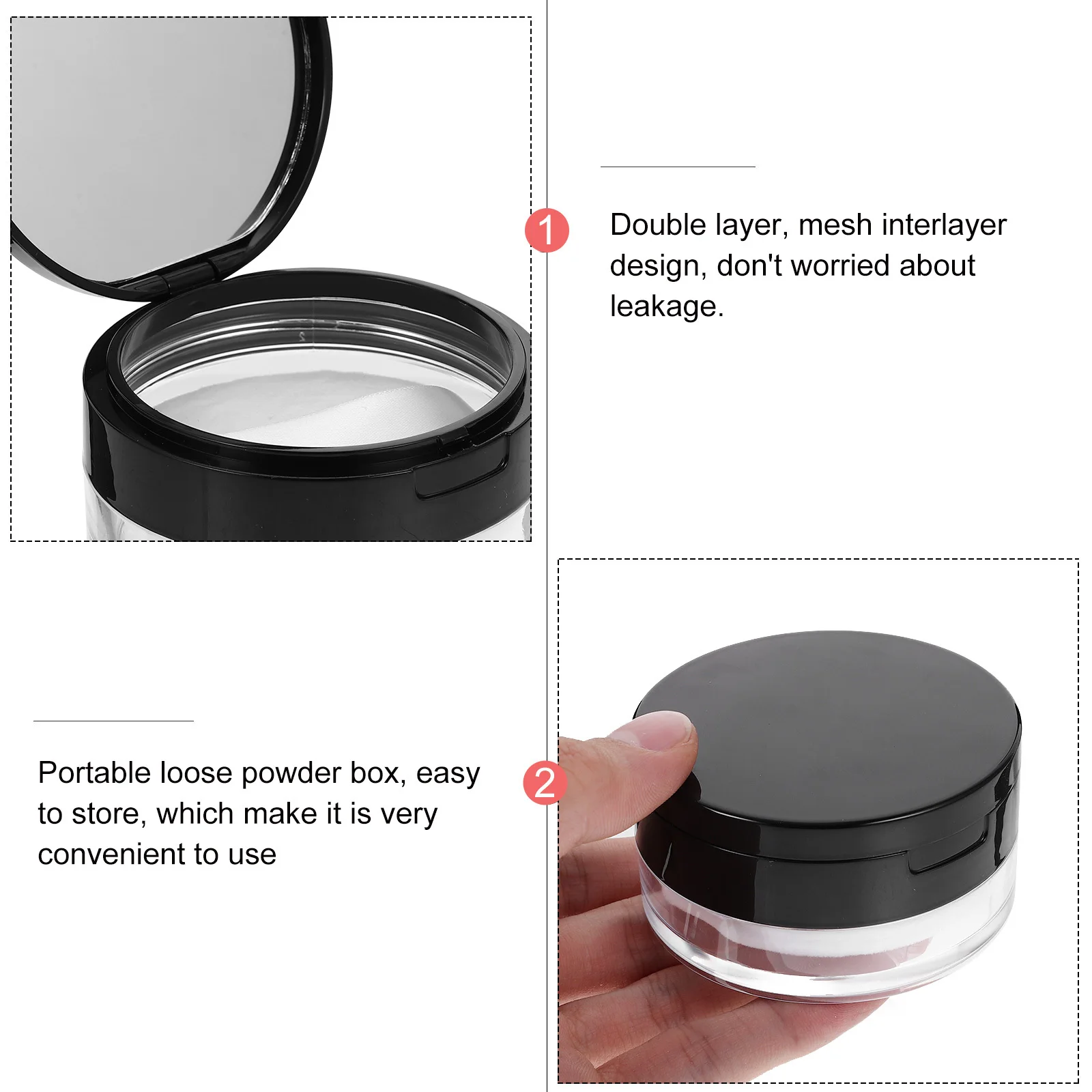空のパウダーケース黒二重層メッシュ漏れ防止ポータブルルースパウダー容器ミラーメイクアップパフホルダー毎日用
