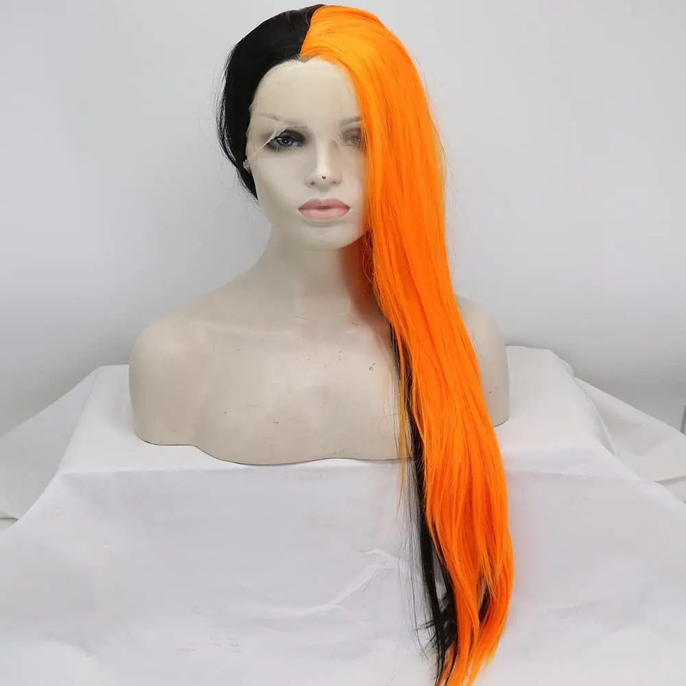 Sylvia Wig Synthetic Half Ginger Orange Half Black Lace Front Wigs  Long Silky Straight Half Wig Soft Hair Heat Resistant Fiber