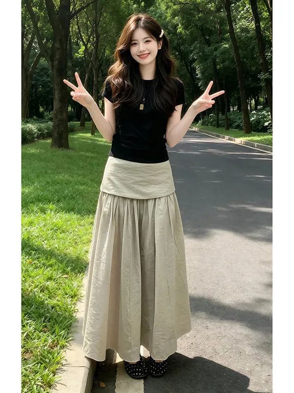 

Elegant American Style Two-Piece Set Women's Summer Slimming Black Top High Waist Hip Covering Skirt Breathable Short Sl...