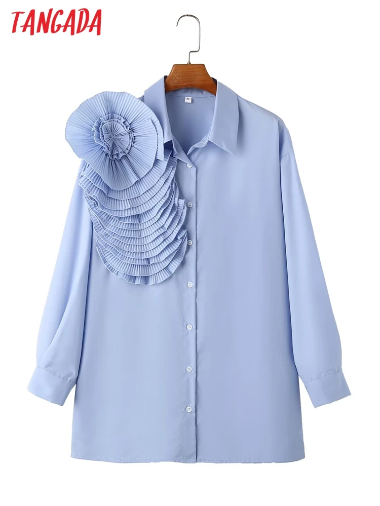 Tangada 2024 Spring Women Blue Flower Shirt Long Sleeve Female Loose Blouse Tops 4T02