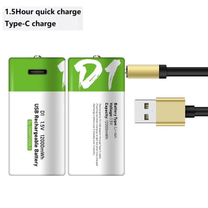 1-10 Uds. Baterías recargables USB tamaño D LR20 Li-ion 1,5 V 12000mWh con Cable tipo C para electrodomésticos de Gas