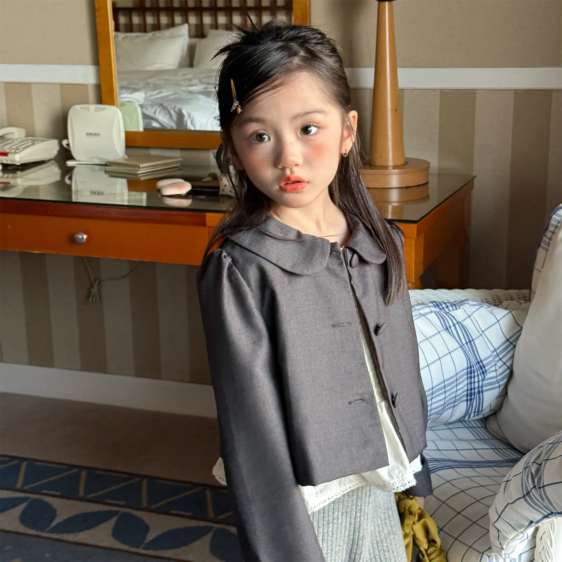 2026 Spring New Girls Lapel Shirts Solid Baby Girl Solid Color Cardigan Children Shirt-style Tops Fashion Kids Jacket Coat