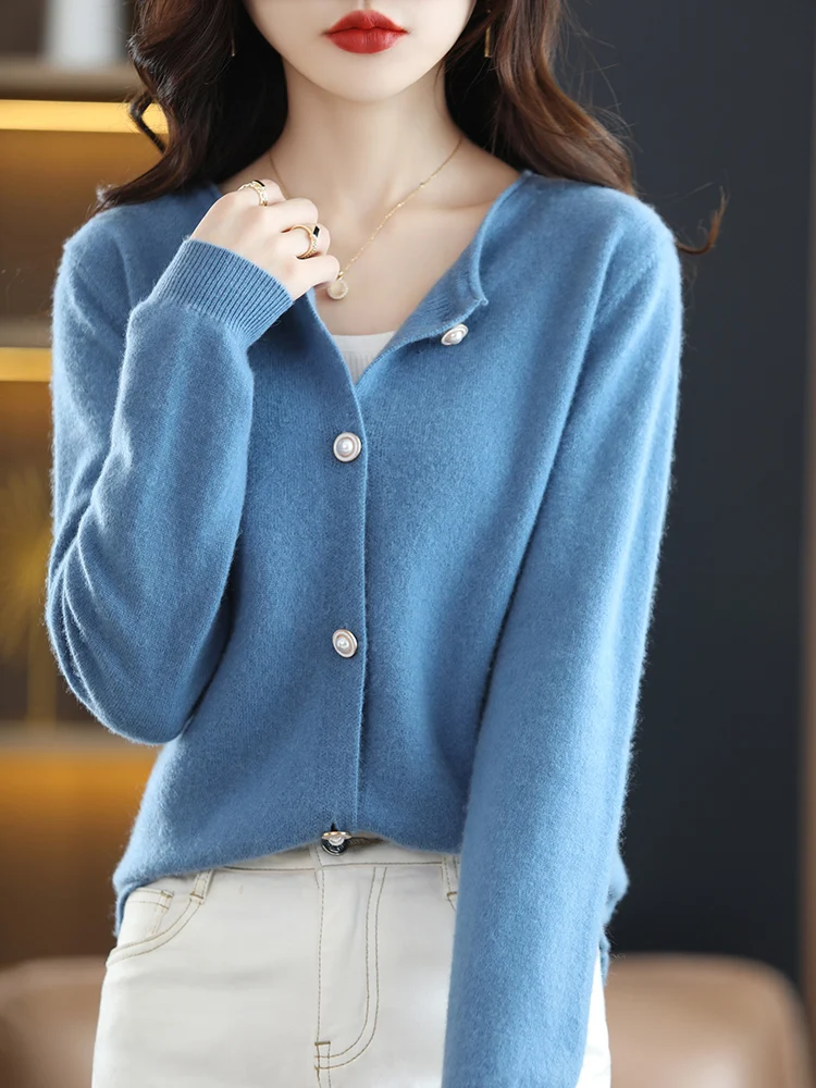 High Quality 100% Merino Wool Women Curl O-neck  Cardigan Long Sleeve Sweater For Spring Autumn Casual  Comfort Knitwear Korean