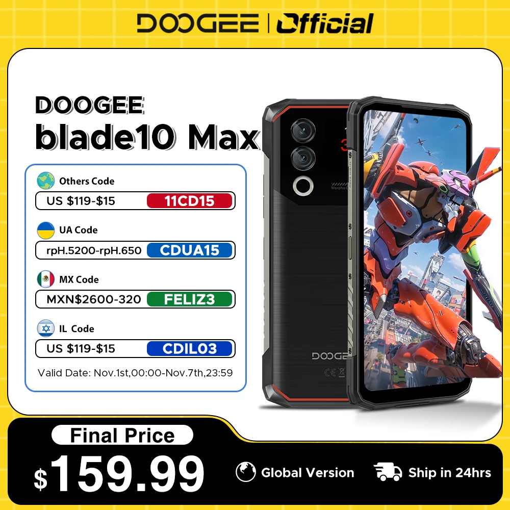 

Global Version DOOGEE Blade10 Max Rugged Phone 8GB +256GB 6.56" Display 50MP AI Main Camera Rear Display 10300mAh Android 14 NFC