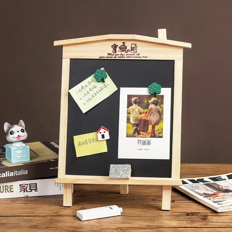 Magnetic Small House Blackboard Creative Wooden House Can Stand/Hang Dual Use Single Sided Bracket Message Board