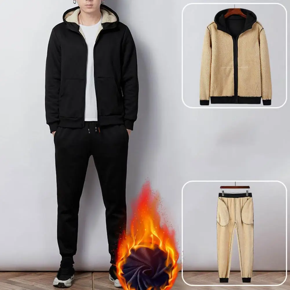 Men Suit Winter Velvet Sports Set Men\'s Comfortable Hooded Sweater Pants Suit Thickened Design Zipper Closure Plus Thicked