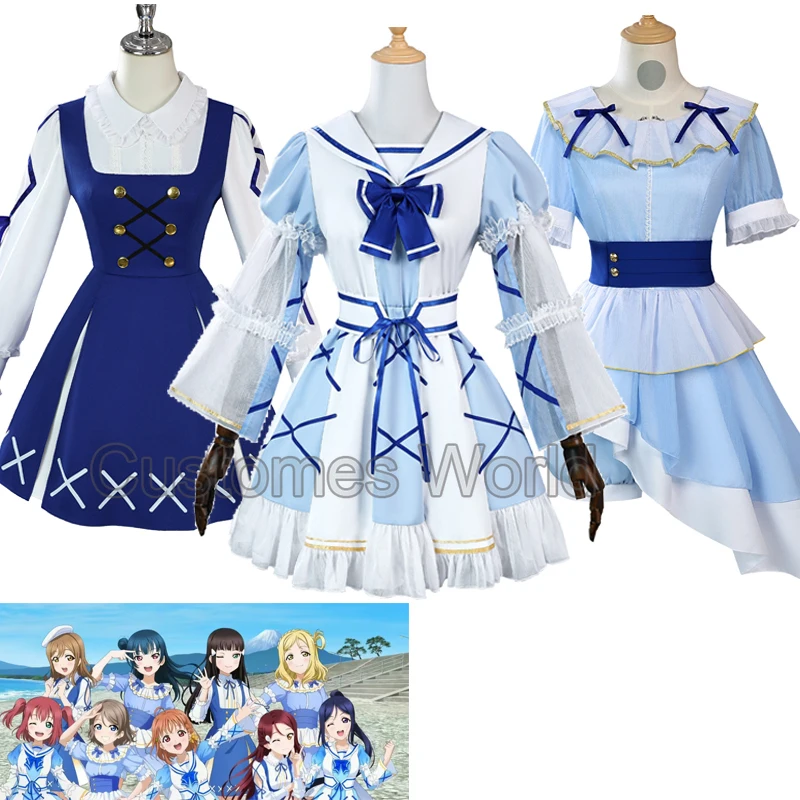 

LoveLive Cosplay Anime LoveLive Aquars 100th Anniversary Blue Skirt with Bow blue and white dress Halloween Party Suit