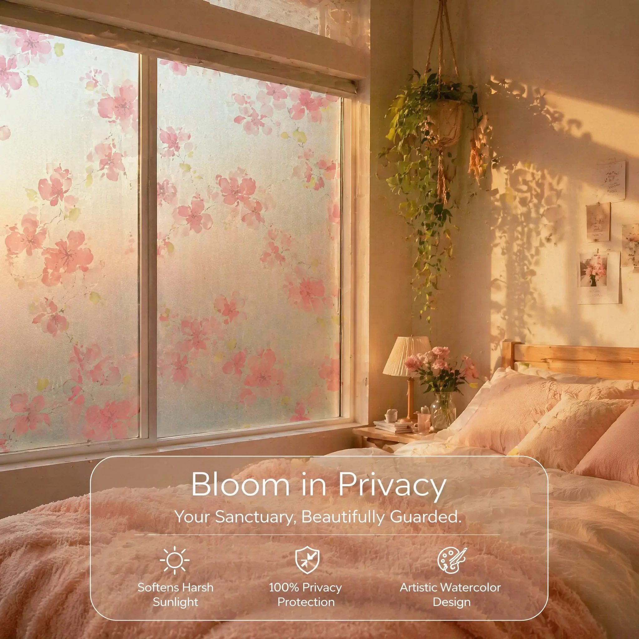 Romantic Watercolor Pink Cherry Blossom Sakura Branch Self Adhesive Matte Frosted Window Film 100% Full Privacy Protection Water