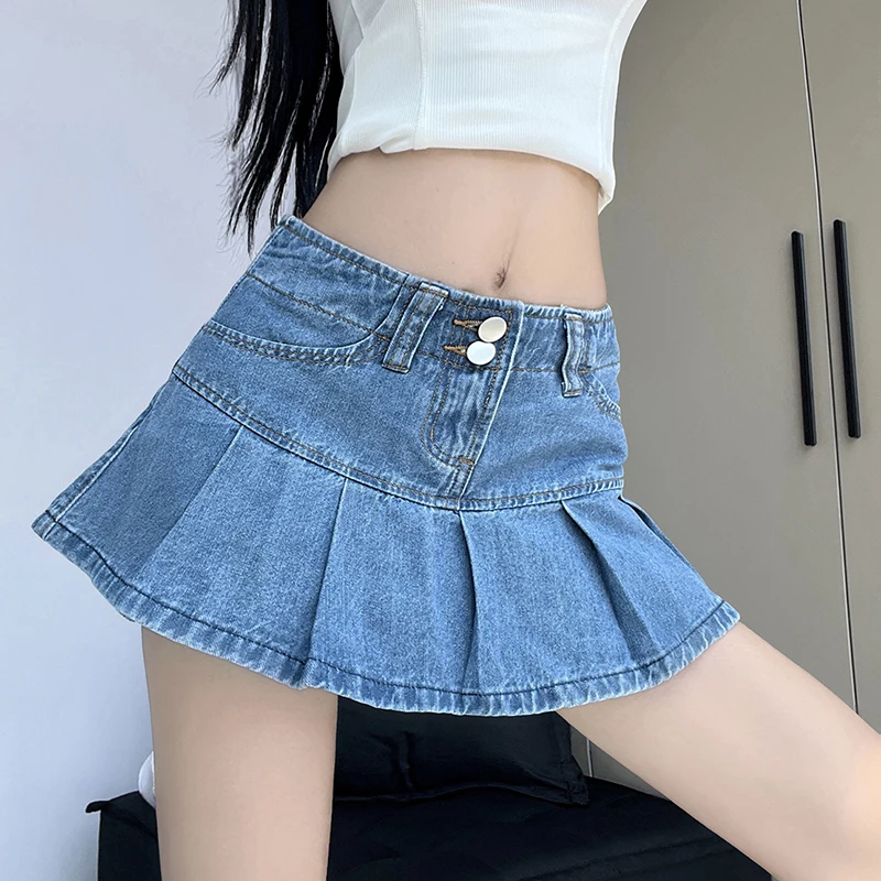 Schinteon Damska Letnia Mini Spódniczka Jeansowa Seksowna Falbanki Plisowana Spódniczka Jeansowa z Wysokim Stanem Spodnie Spódniczka Nowość Lato 2025