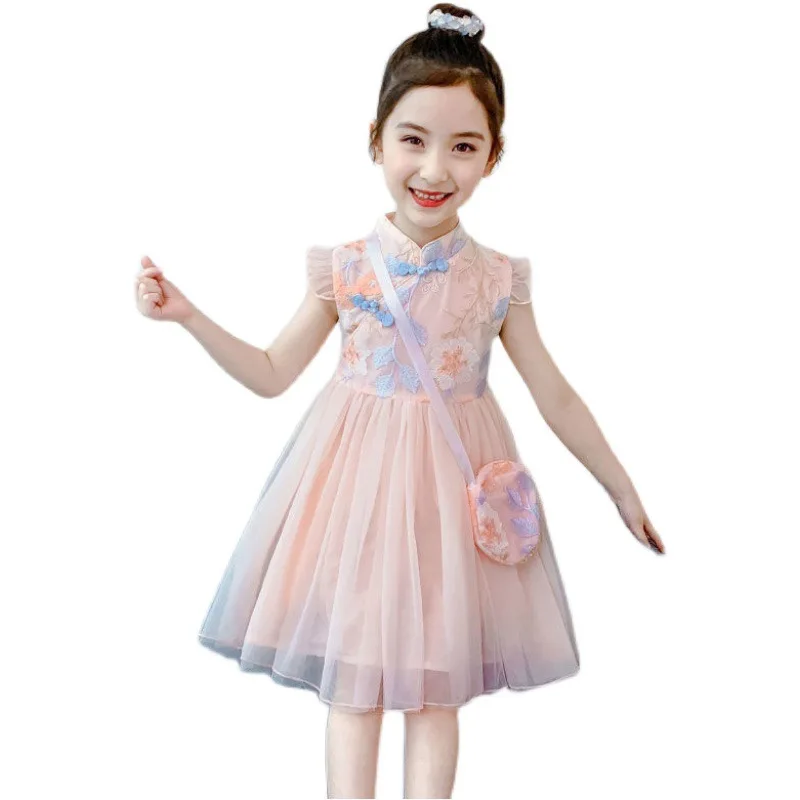 Girls Dress Summer Western Style Cheongsam Princess Dress Retro Chinese Style Mesh Gauze Puffy Skirt Outer Wear Casual Simple