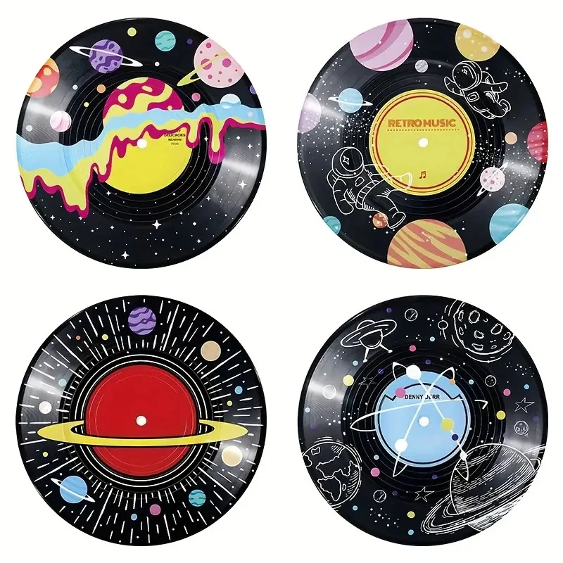 4PC Space Planet Astronaut Vinyl Record Metal Tin Sign Set Galaxy UFO Round Iron Plaque Retro Teen Room Bedroom Wall Decor