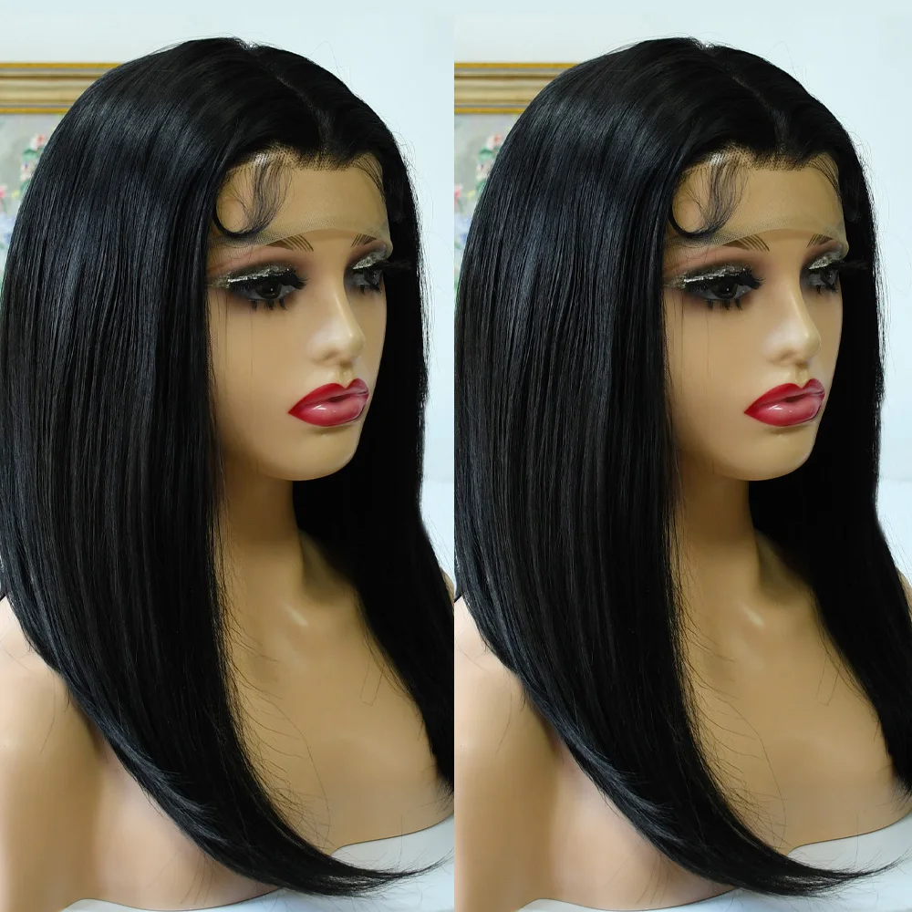 14-дюймовый короткий прямой парик Боб 13x4, прозрачный кружевной фронтальный парик, бразильские предварительно выщипанные парики спереди, синтетический бесклеевой парик