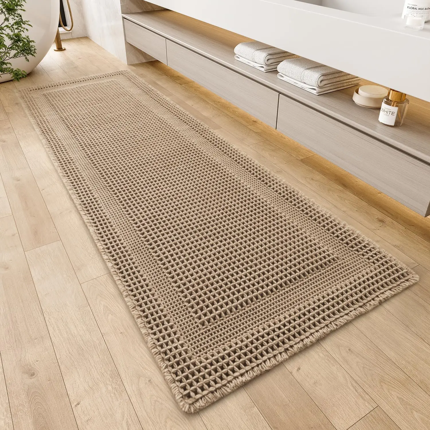 

Ultra Soft Boho Bath Mat, Non-Slip Absorbent 2'x6' Machine Washable with Tassels in Beige