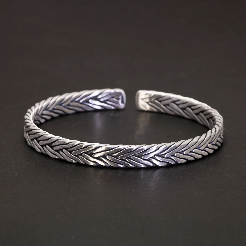 Genuine 999 Sterling Silver Braided Twist Open Bangle Cuff Links