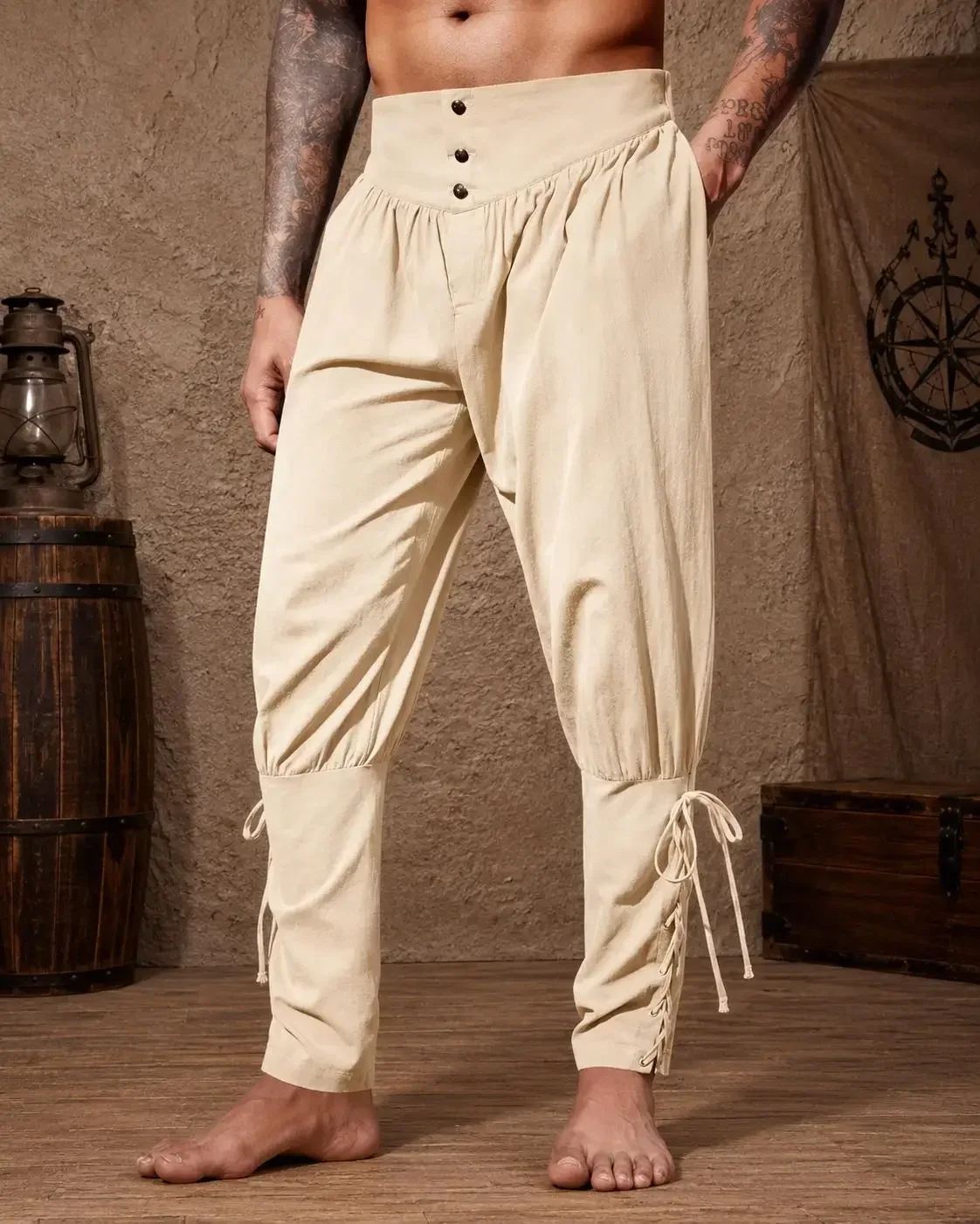 Men Medieval Viking Pirate Casual Pants, Renaissance Vintage Loose Trousers, Ankle Lace Up Halloween LARP Cosplay Pants