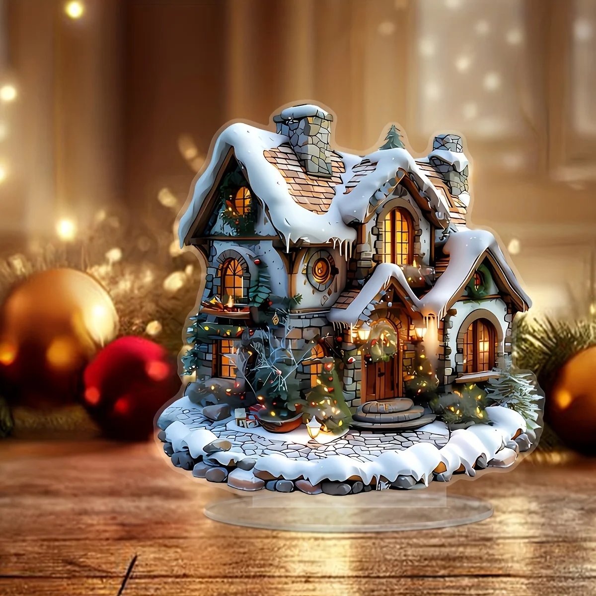 Building Theme 2D Acrylic Desktop Decor Christmas Cottage Ornament Multifunctional Holiday Seasonal Plaque Delicate Snowflakes