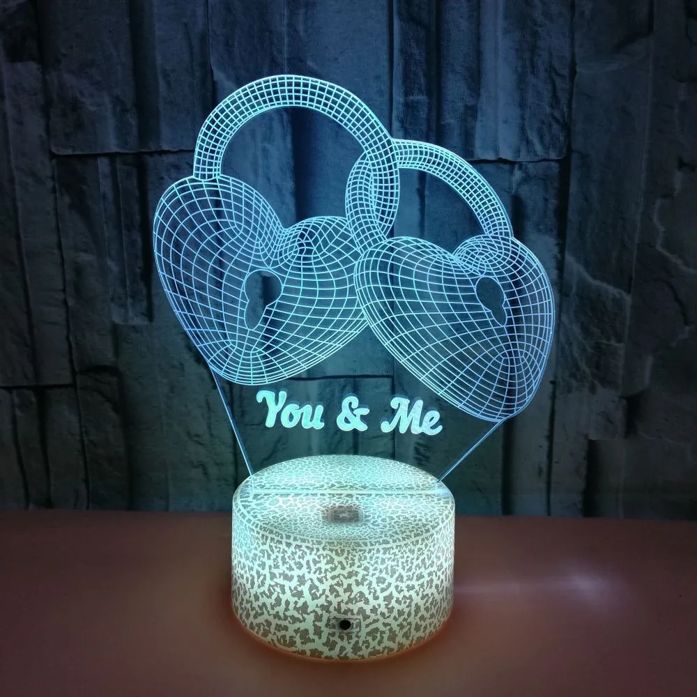 Nighdn-luz nocturna con cerradura de amor romántica, lámpara de ilusión 3D para mesa, decoración de dormitorio, regalo de cumpleaños y San Valentín para amante