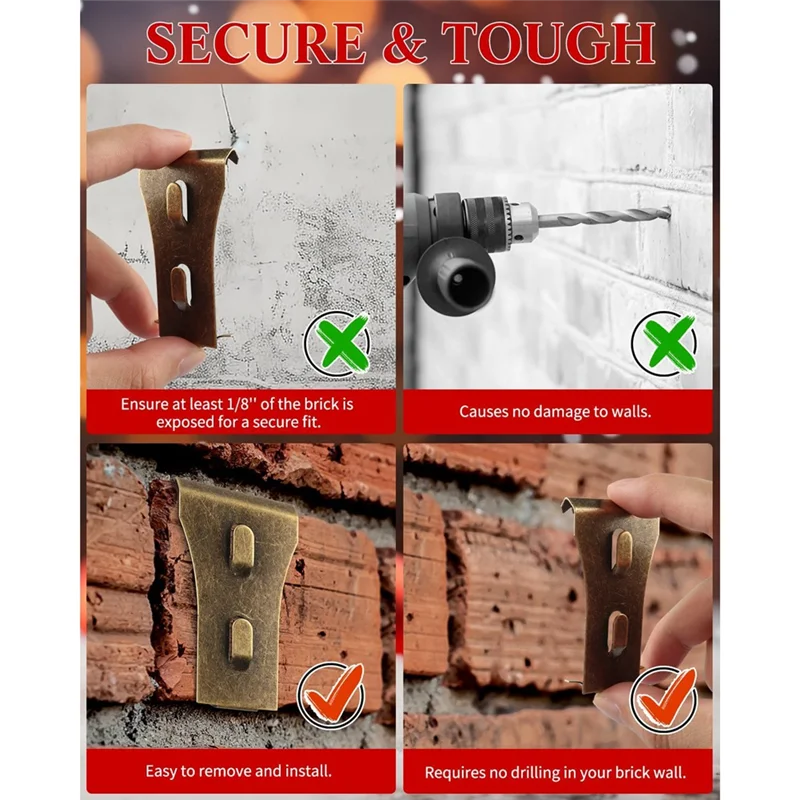

A63X-60Pcs Brick Wall Clips For Hanging Outdoors Hooks Wall Siding Hooks, No Drill Fits Bricks 2 1/4 Inch To 2 3/8 Inch Easy Ins