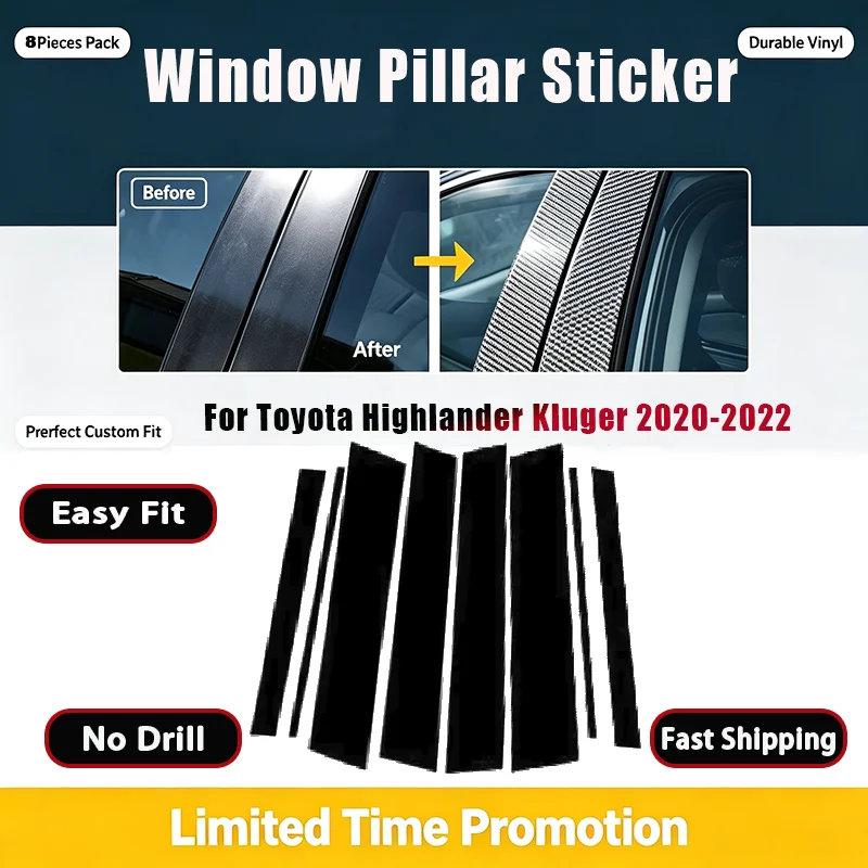 For Toyota Highlander Kluger 2020-2022 Car Door Window B C Pillar 8Pcs Gloss Black Moulding Trim Sticker Cover Decorative Protec
