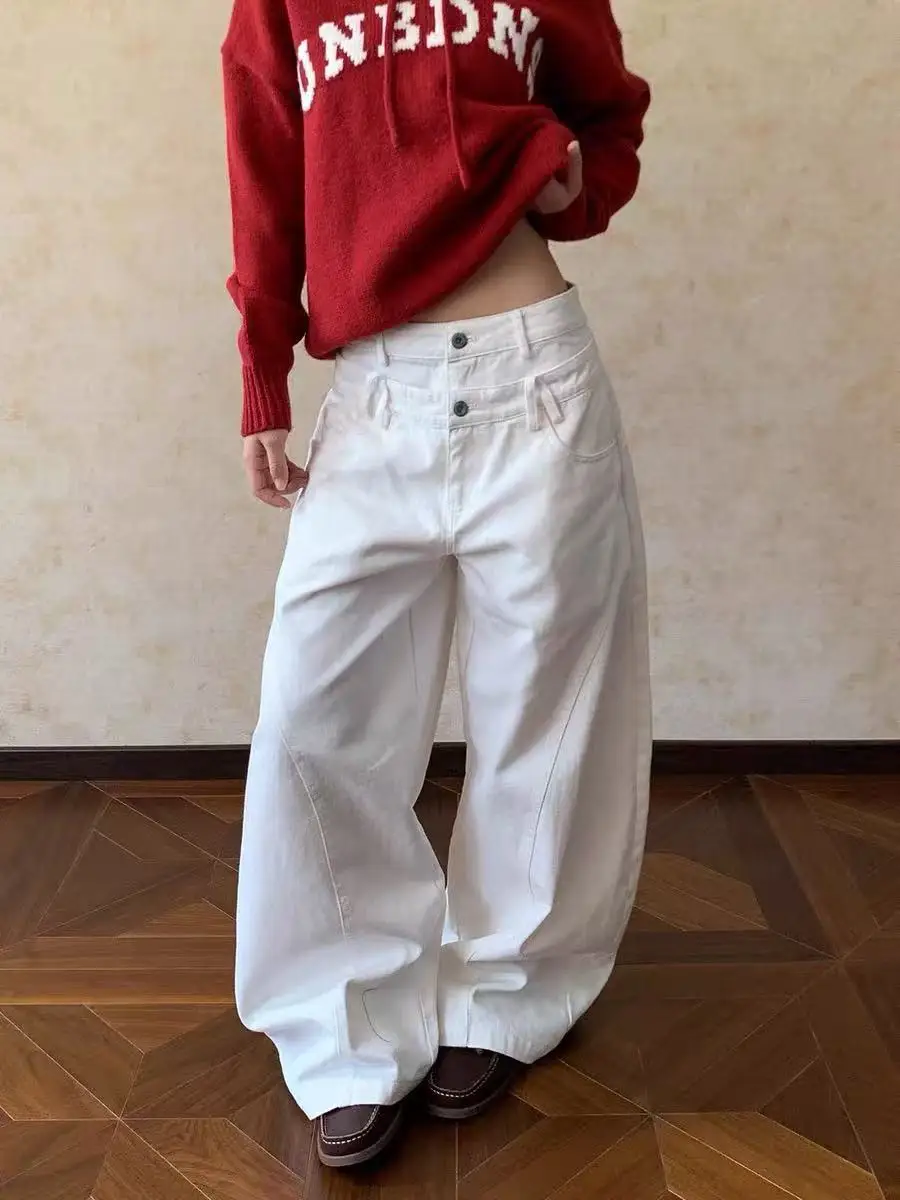 Women's Fake Two-piece Double Waistband Sweatpants Unisex Street Casual Bottoms Denim Pant Female High Waist Wide Leg Trousers