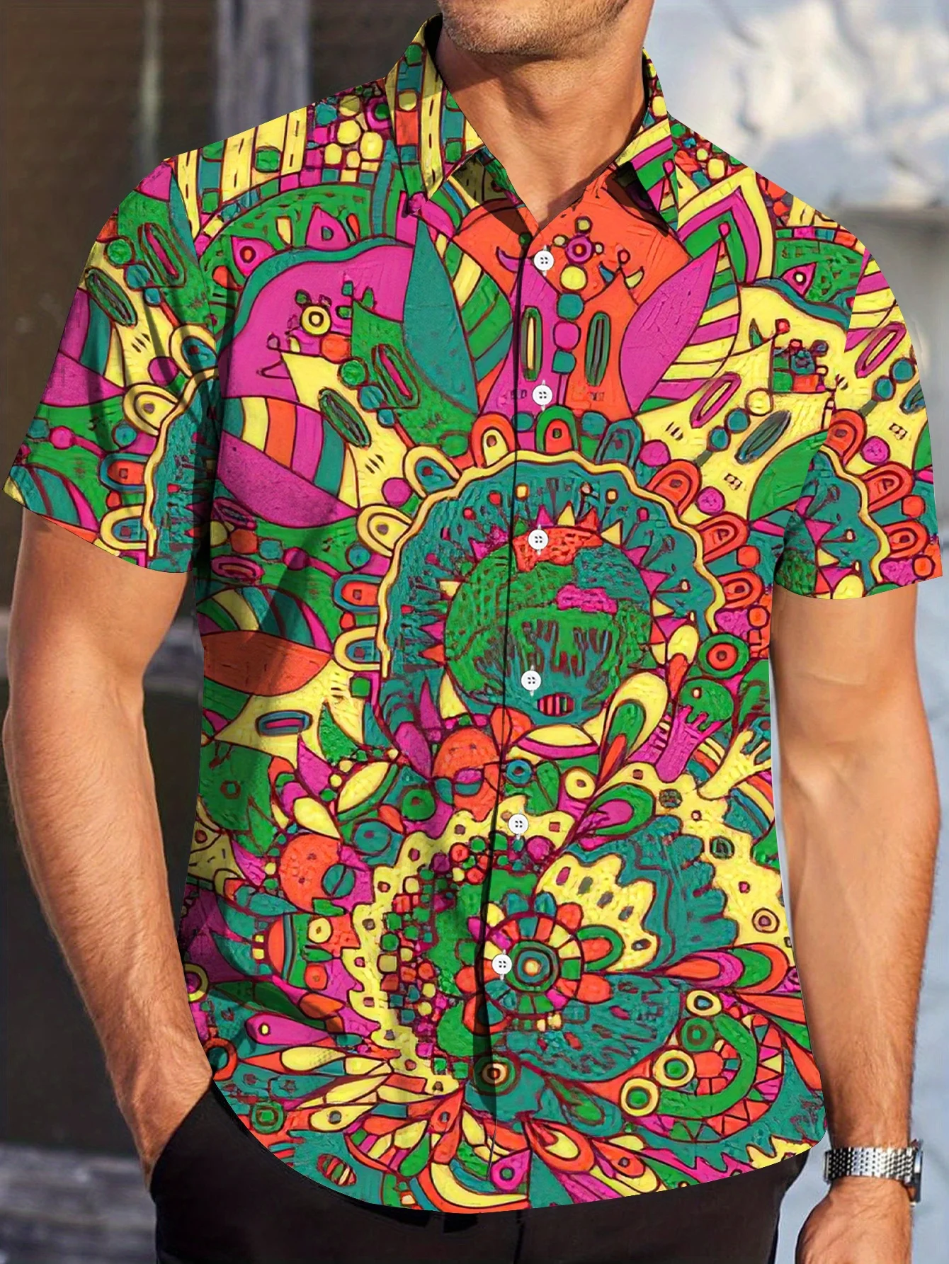 

Men'S Plus Size Short Sleeve Casual Shirt - Vibrant Floral Print, Non-Stretch Fabric, Button-Up with Lapel Coll for Summer,
