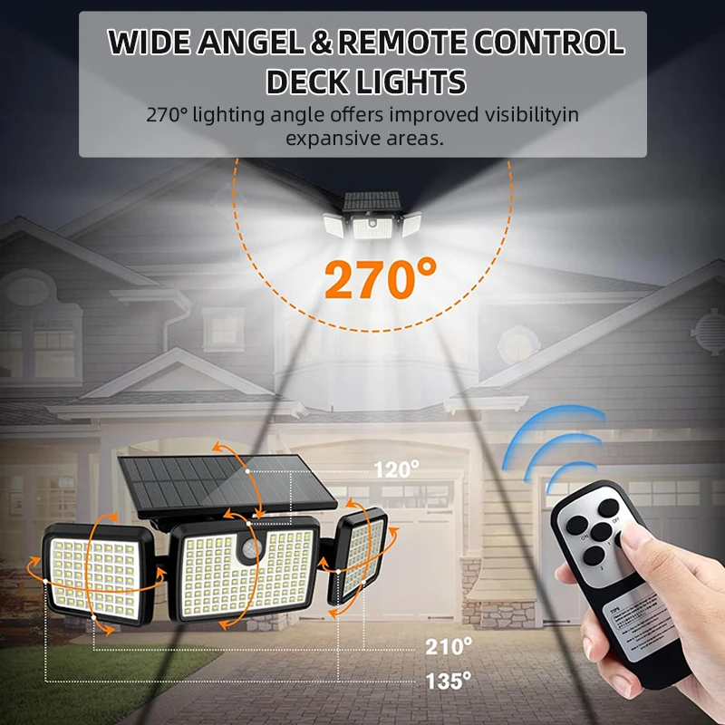 Ausilver Outdoor Solar Garden Lights Security Remote Control 3-Heads IP65 Waterproof Motion Sensor 270° Wide Angle Wall Light