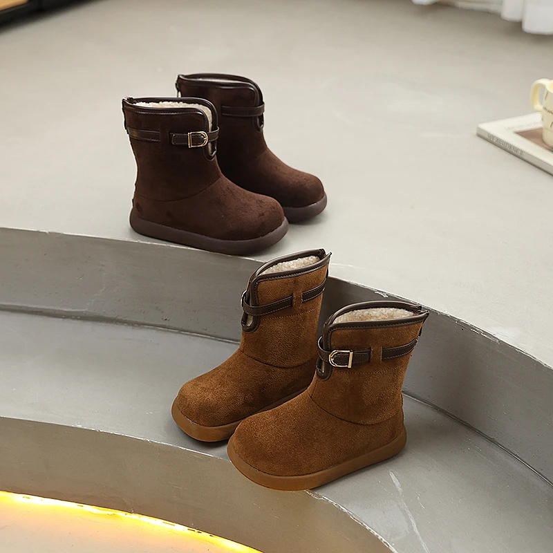 

Kids Platform Plush Boots Winter Patchwork Children Fashion Mid-calf Boots Warm Soft Girls Causal Furry Cotton Boots Non-slip