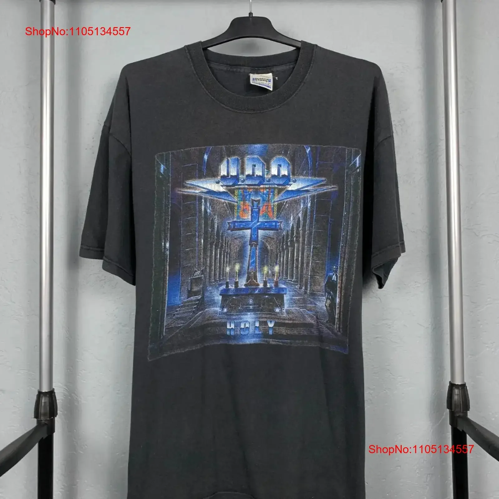 U D O روك باند المقدسة الأساسية الأسود 90s ريترو ستايل تي شيرت NH18866 خمر غسلها مريحة لينة مصمم الأزياء الملابس