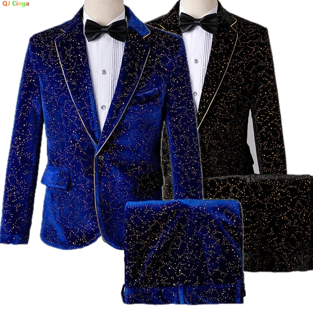 

Blue Men's Two-piece Suit, Black Corduroy Jacket with Gold Embossed Trim Paired with Trousers, Asian Sizes M-3XL.