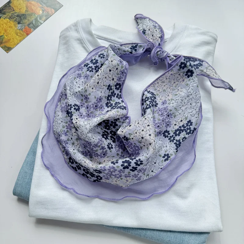 

color-blocked Tencel cotton-shaped scarf, layered scarf women, breathable floral small silk scarf, ne