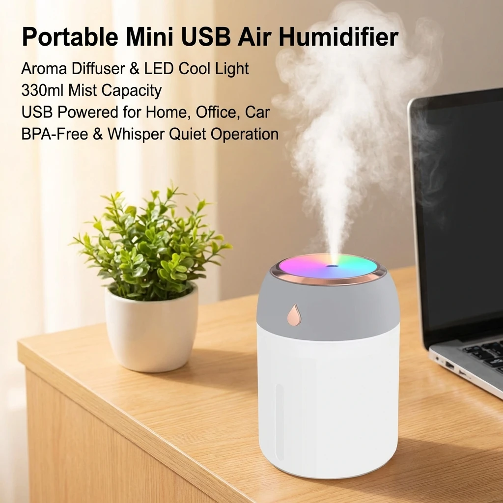 330ml Mini USB Air Humidifier Portable Aroma Diffuser with LED Cool Light for Room Home Car Plant Mist Purifier