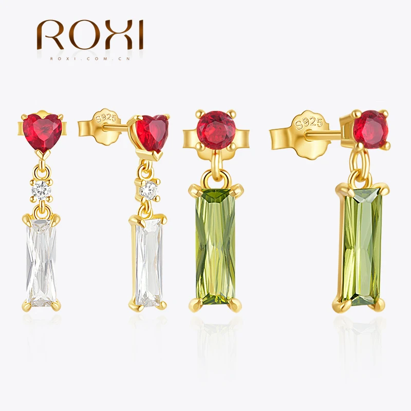 ROXI 925 Sterling Silver Geometric Green/Red Crystal Tassel piercing Earrings For Women Delicate Cz Wedding Party Fine Jewelry