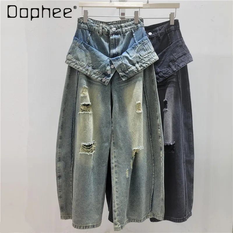 

Y2K Flip Waist Ripped Wide Leg Jeans Women Vintage Distressed Hole Baggy Denim Pants Streetwear Trousers High-waisted Jeans