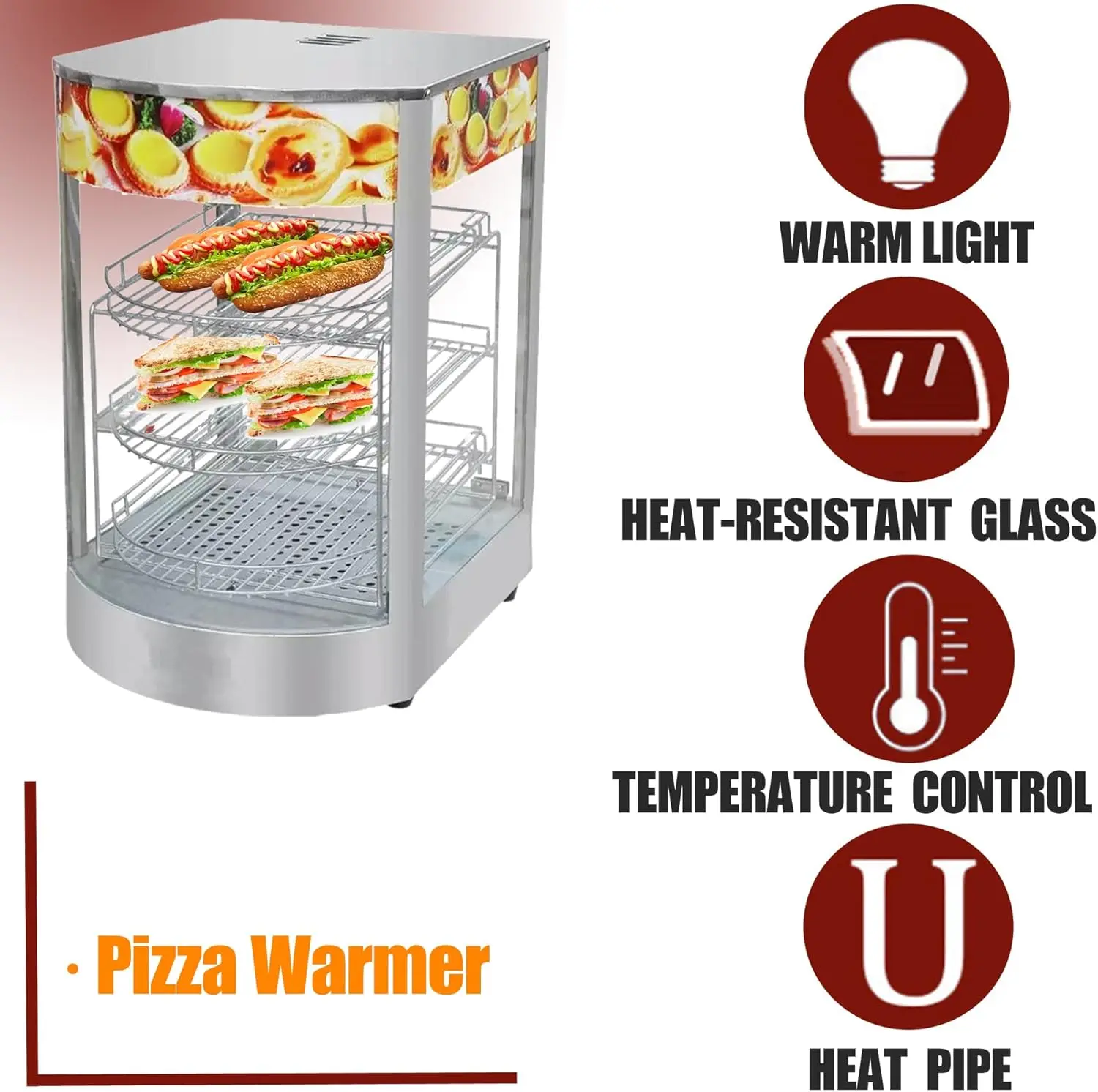 Commercial Food Warmer 3 Tier Countertop Food Display Case, 110V 850W Stainless Steel Pizza Warmer with Temperature Display