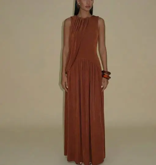 

2026 Spring Women's New Fashionable Personalized Slimming Wrinkled Round Neck Sleeveless Dress