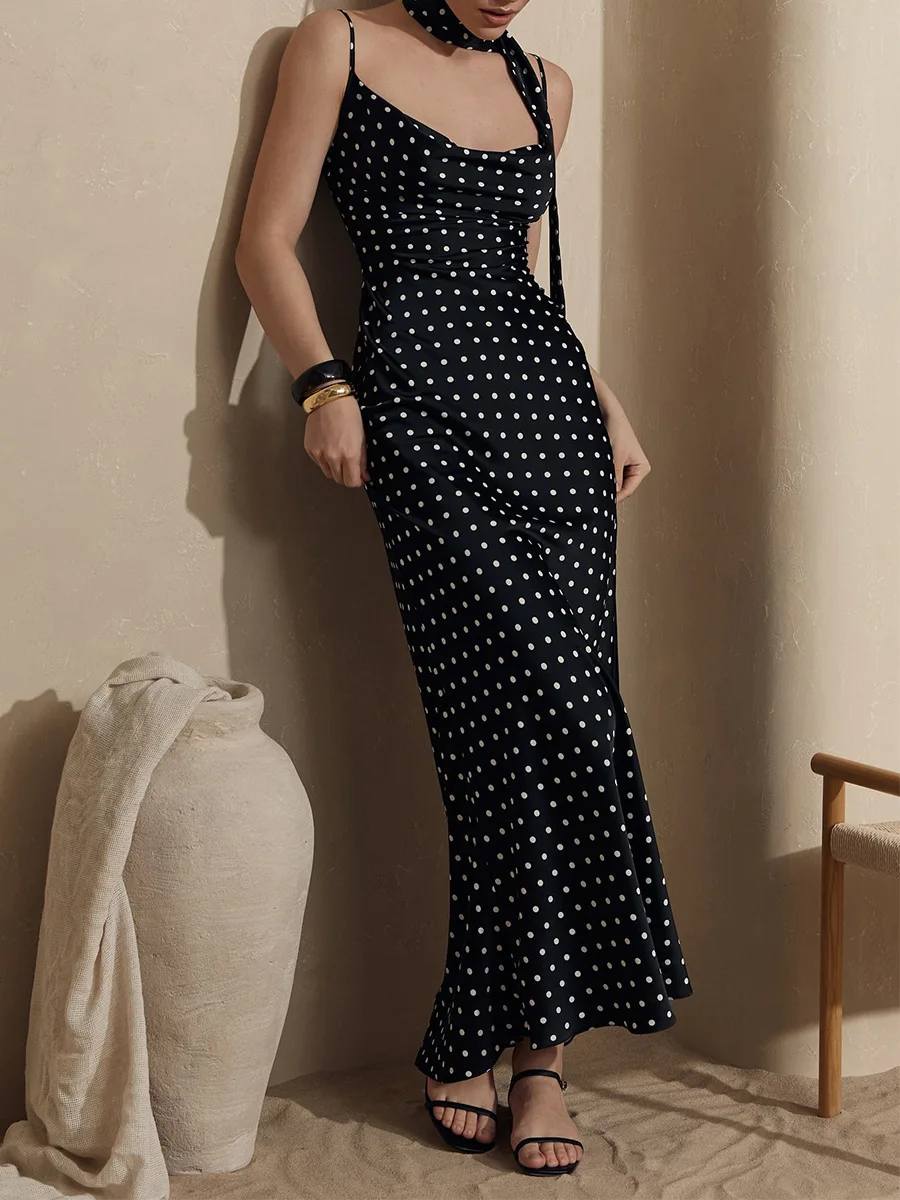 Bornladies 2026 レディース サマー新作 キャミ マキシワンピース ホルターネック タイウエスト マーメイドスカート エレガント 水玉模様 ロングドレス