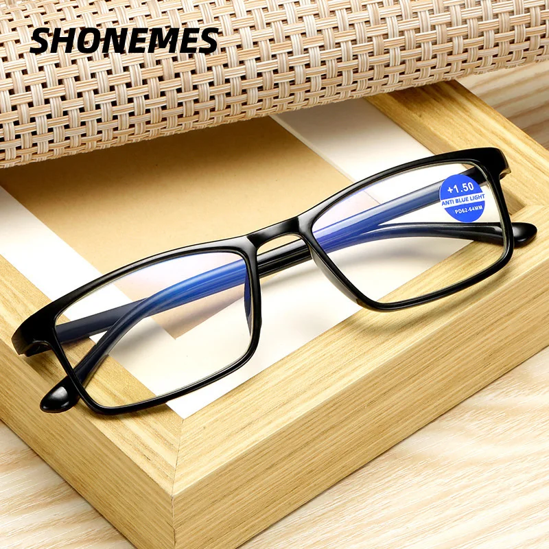 SHONEMES occhiali da lettura Anti luce blu TR90 Frame Square presbiopia occhiali da vista diottrie + 1 1.5 2 3.5 4 per uomo donna