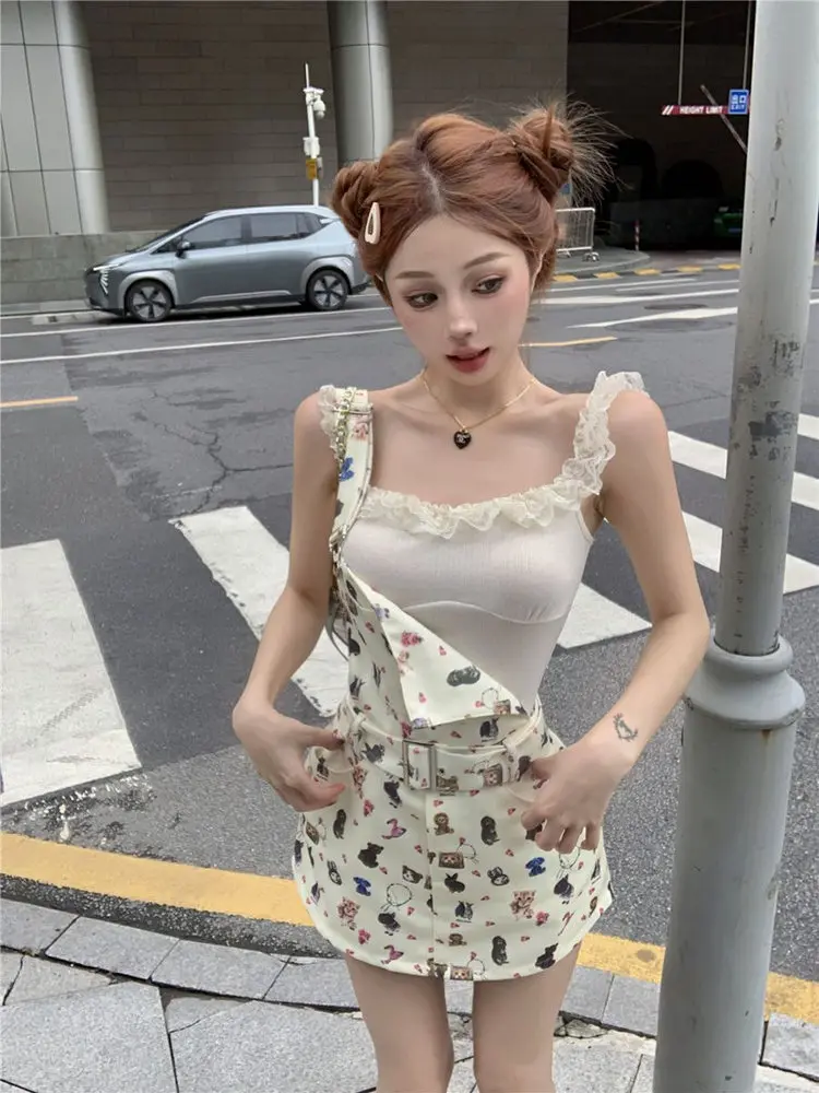 Y2K épicé fille dessin animé imprimé Denim salopette femmes été pur désir gilet t-shirt haut Dr ensemble a-ligne jupe ort Sve