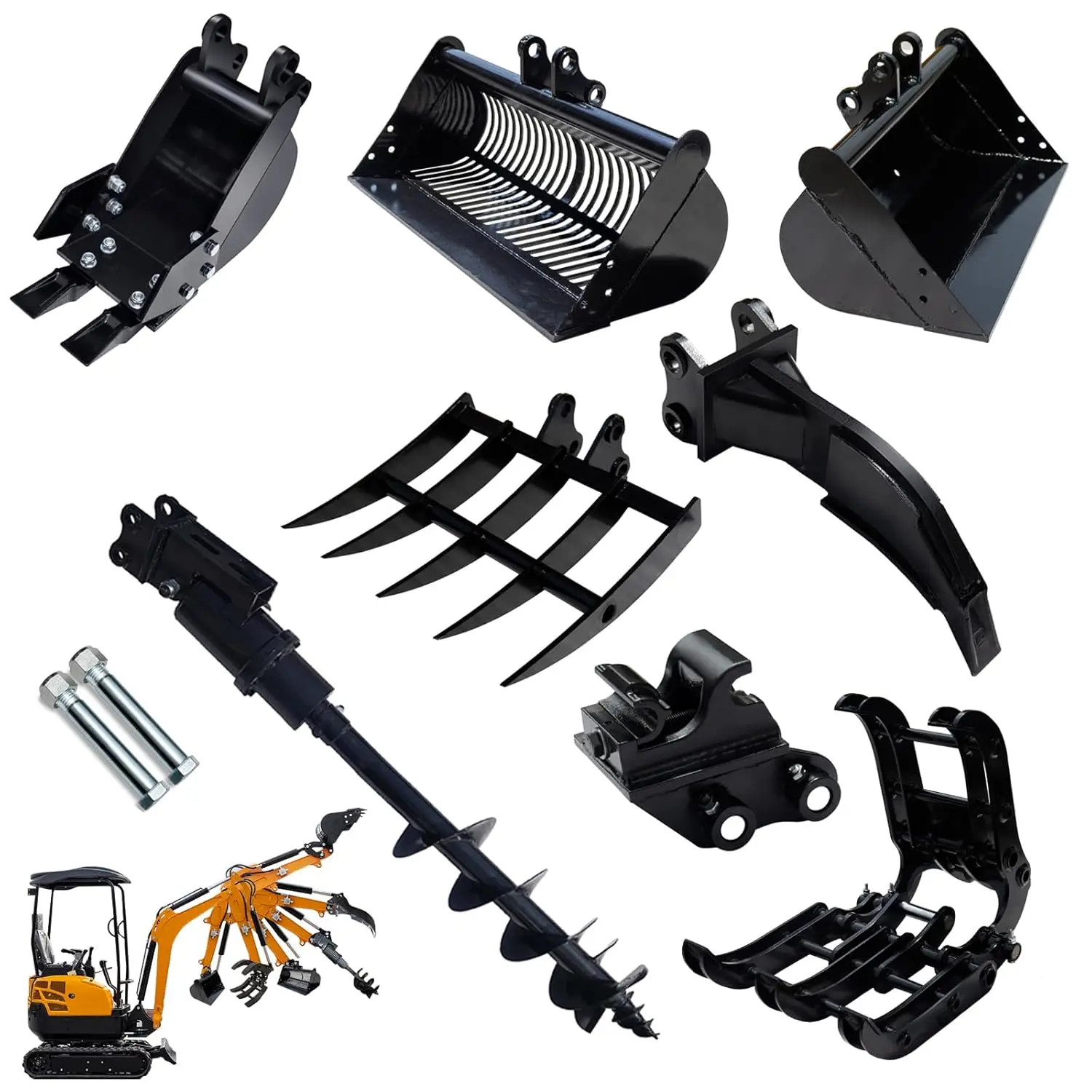 

MMS 8pcs Excavator Attachment Bundle Narrow Bucket, Ripper, Rake Auger, Grapple, Quick Hitch, Screening Bucket Free Shipping